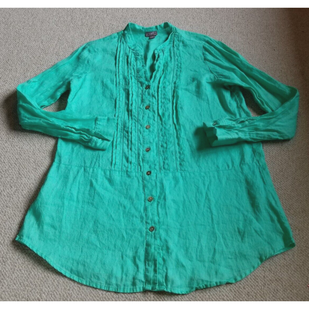 Womens Top-J. JILL-green 100% linen pintucked long button-up Coastal beachy-M
